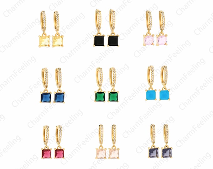 1 Pair, Pendant Earrings, Square Earrings, Micropavé CZ Exquisite Earrings, 18K Gold Filled Rectangular Rhinestone Earrings,22x13mm
