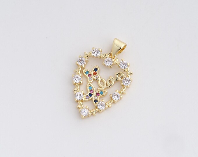 Heart-Shaped Butterfly Pendant, Micro-paved CZ Butterfly Necklace, 18K Gold Filled With Butterfly Charm, Heart-Shaped Charm, 26.5x17.6x2.7mm