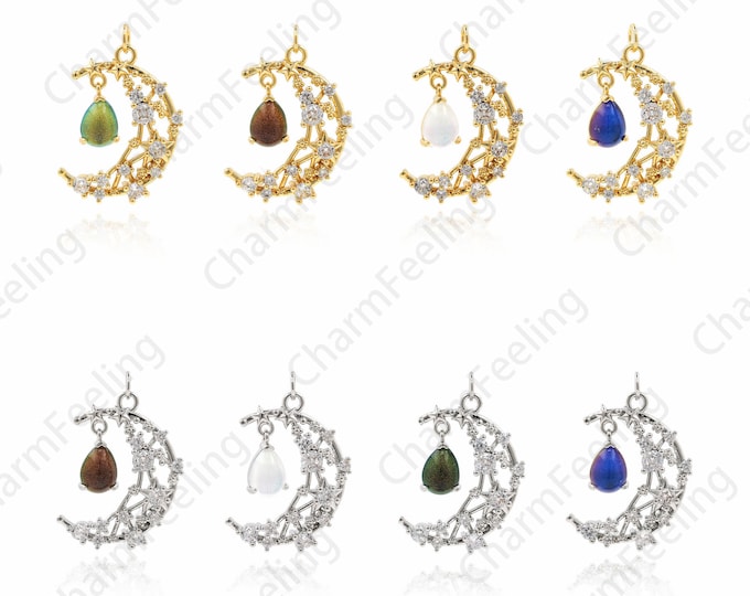 18K Gold Filled Water Drop Necklace,Crescent Charm,Micro Pavé CZ Water Drop Necklace,Moon Pendant,DIY Jewelry Making Supplies,31x20x4.5mm