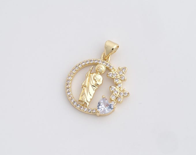 18K Gold Filled St.Jude Medallion Pendant,Micropavé CZ Gold Saint Jude Thaddeus Necklace,DIY Jewelry Supplies,25.4x20x3.8mm