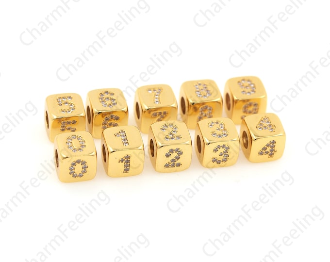 Exquisite Golden CZ Numbered Beads, Cube Numbered Talisman, Zircon Number, Miniature Pave Numbered Beads, 8.9x8.9mm Hole:4.7mm 1pcs