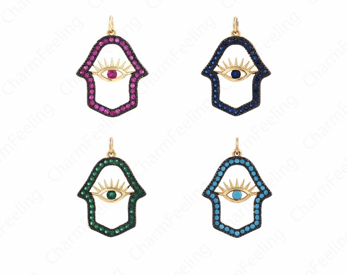 MicroPave CZ Hamsa Pendant, 18K Gold Filled Hamsa Charm Necklace, Eye Hamsa Necklace. DIY Jewelry Making,20x28x2.5mm