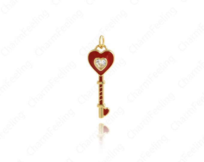 Enamel Key Necklace, 18K Gold Filled Heart-Shaped Key Pendant,Enamel Key Charm, Heart-Shaped Necklace 31.2x10x3.2mm