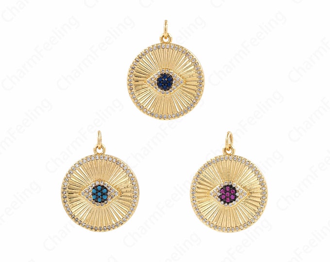 Micropavé CZ Eye Coin Necklace,18K Gold Filled Eye Pendant,Dainty Eye Charm,DIY Jewelry Making Accessories 25.5x20.5x4mm