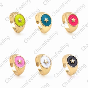 Chevalière en émail, bague étoilée remplie d’or 18K, bague de bonne chance, pendentif étoile, bague ouverte en or, bague réglable, bague Polaris, bijoux en étoile