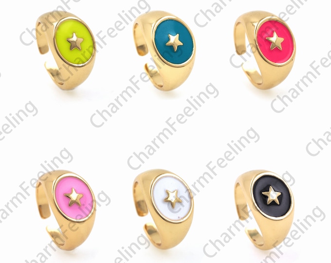Enamel Signet Ring, 18K Gold Filled Star Ring, Good Luck Ring, Star Pendant, Golden Open Ring, Adjustable Ring, Polaris Ring, Star Jewelry
