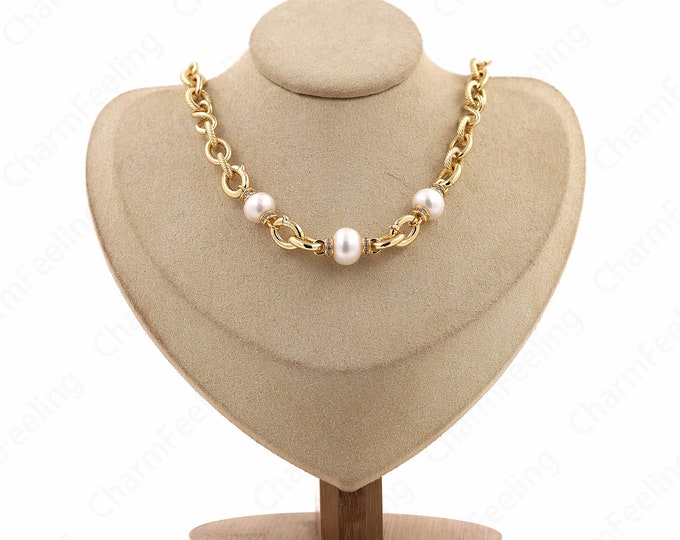 Freshwater Pearl Necklace, 18K Gold Filled Spacer Bead Necklace, Micropavé CZ Pearl Necklace, Gift For Her, Everyday Necklace, 39cm+6cm