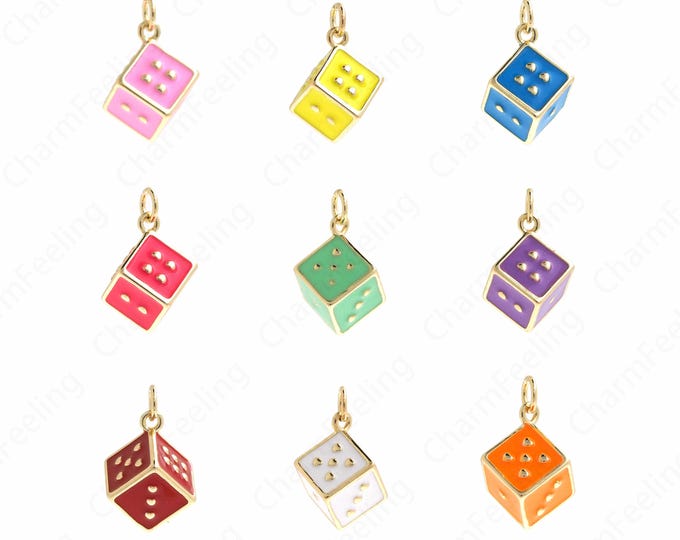 Enamel Dice Pendant, Polyhedron Pendant, Square Faceted Necklace, Metal Dice Necklace, Dice Charm 20x14x14mm