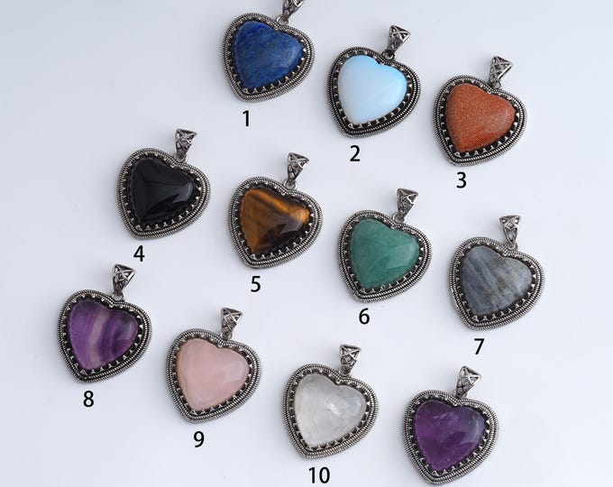 Natural Stone Pendant,Vintage Silver Heart Gemstones Charms,Crystals Gemstones Charm,DIY Jewelry Accessories,35x27x8.3mm