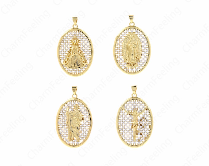 Oval Pendant, 18K Gold Filled Religious Charms, Micro Pave CZ Jude Charms, Madonna Charms, Pope Charms, Jesus Charms, DIY Jewelry Supplies