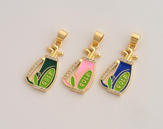 Enamel Golf Club Bag Pendant,CZ Golf Pendant,18K Gold Filled Bag Charm,DIY Jewelry Accessories,32.6x14x2.3mm