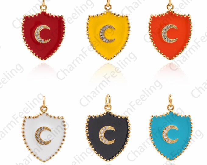 18K Gold Filled Shield Pendant, Enamel Crescent Pendant, Shield Charm, Enamel Shield Necklace, Enamel Charm, Crescent Charm 26x18x2mm