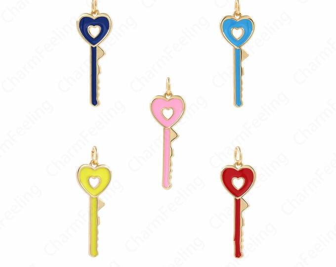 Enamel Key Charm,18K Gold Filled Heart Key Pendant,Micropavé CZ Key Charm,Heart Pendant,Love Key Necklace,DIY Jewelry Supplies,30x10x2mm