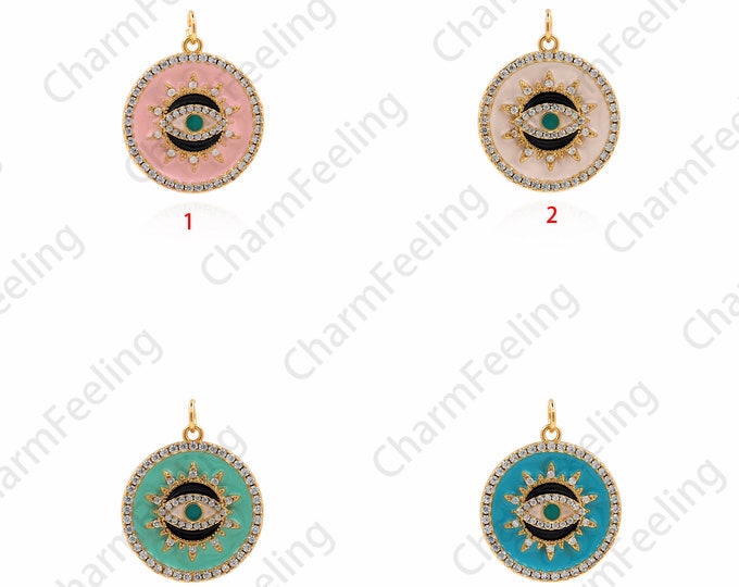 Micropavé CZ Eye Necklace, 18K Gold Filled Enamel Eye Pendant, Eye Charm, Enamel Charm, DIY Jewelry Accessories 27x21x2.5mm