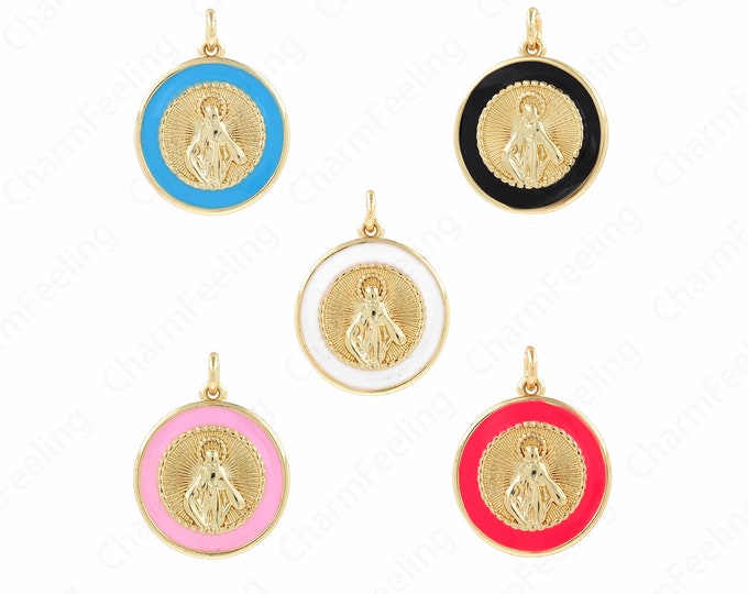 Micropavé CZ Catholic Jewelry,Our Lady Pendant,Catholic Charm,18K Gold Filled Our Lady Charm, Round Pendant,DIY Jewelry Supplies,18x23x3mm