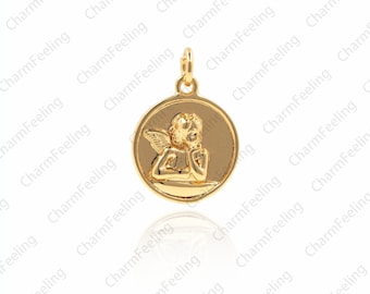 18K Gold Filled Coin Guardian Angel Pendant,Angel charm， DIY Bracelet Necklace Earring Jewelry Discovery 19.5x14x3mm 1pcs