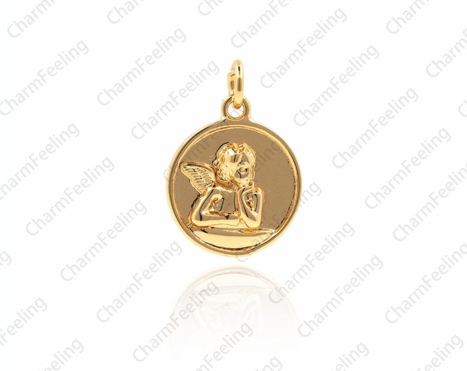 18K Gold Filled Coin Guardian Angel Pendant,Angel charm， DIY Bracelet Necklace Earring Jewelry Discovery 19.5x14x3mm 1pcs