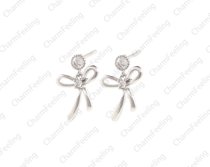 Bow studs, silver bow studs, cz bow studs, mini silver earrings, studs, earrings, ear hooks, ear pins, ear jewelry 1pair
