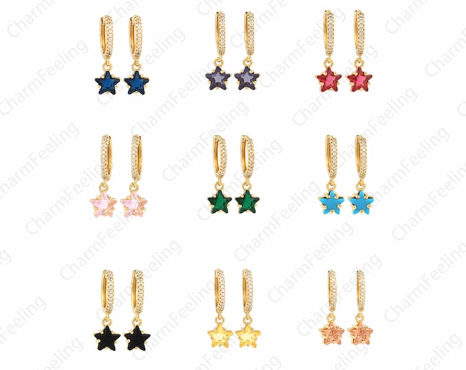 Pentagram Earrings, Round Earrings,MicroPavé CZ Pierced Earrings, 18K Gold Filled Dangle Earrings,Gift for Her,DIY Jewelry Supplies, 22x13mm