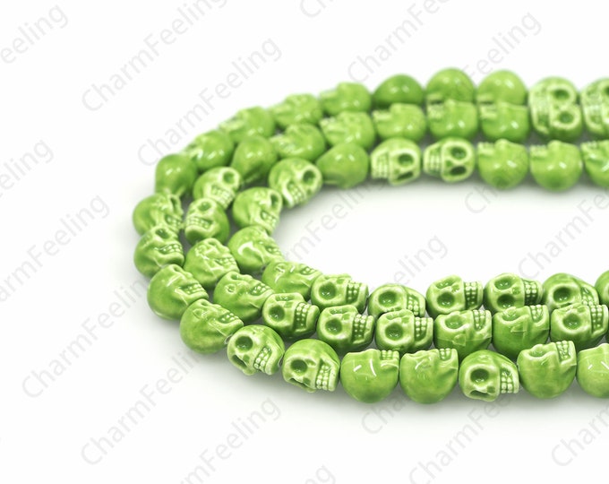 Glazed Ceramic Skull Beads, Day of the Dead Jewelry, Painted Ceramic Beads, Bulk Hand Painted Skull Beads, DIY Ceramic Crafts, 14x13x11mm