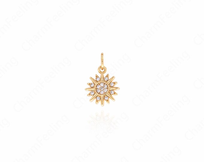 Sun Pendant, Micropavé CZ Flower Pendant, Sunflower Necklace, 18K Gold Filled Sun Charm, DIY Jewelry Supplies, 15.5x10x1.7mm