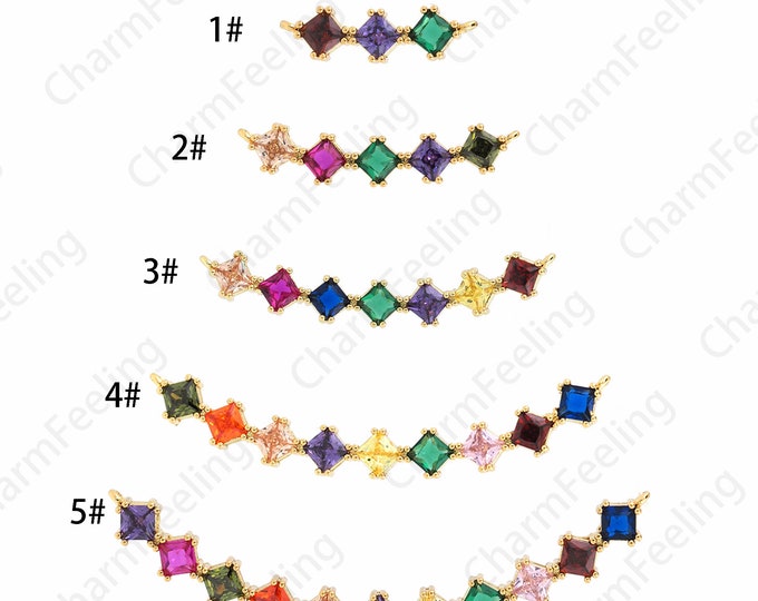 18K Gold Filled Square Pendant, Curved Charm, Square Necklace, Micropavé CZ Rainbow Necklace, Bar Bracelet, DIY Jewelry Supplies