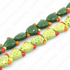 Ceramic Cactus Beads, Glazed Painted Ceramic, Desert Jewelry, Hand Painted Ceramic, Plant Beads, DIY Jewelry Supplies, 22x19.5x9.5mm