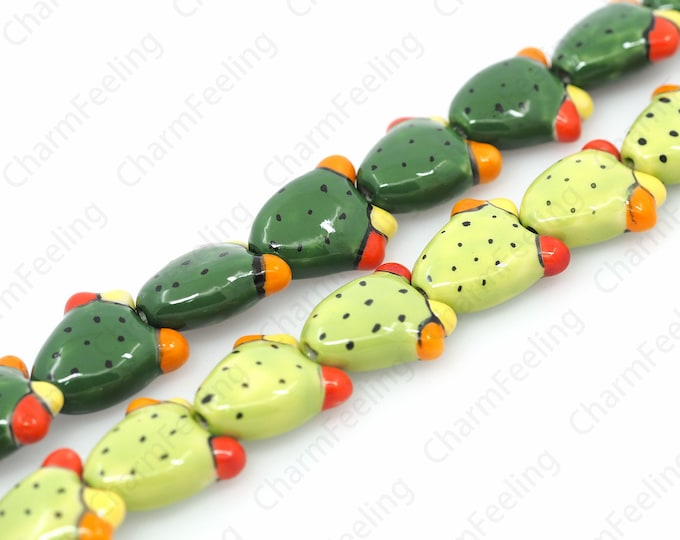 Ceramic Cactus Beads, Glazed Painted Ceramic, Desert Jewelry, Hand Painted Ceramic, Plant Beads, DIY Jewelry Supplies, 22x19.5x9.5mm