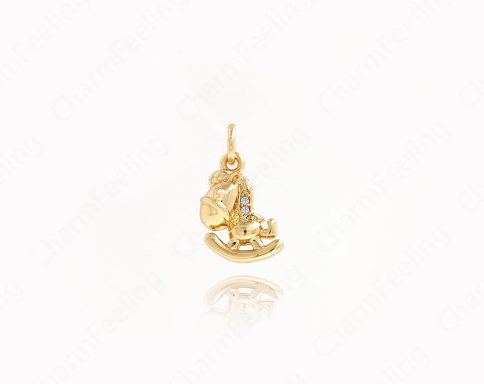 Gold Horse Necklace,18K Gold Filled Wooden Horse Charm,Toy Pendant, DIY Jewelry Supplies, 16.2x11x5mm