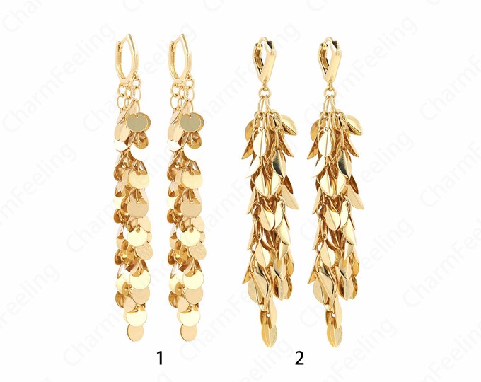 1 Pair,Flat Round Earrings, Dainty Earrings,18K Gold Filled Tassel Earrings,Tassel Charm,Boho Earrings,Leaf Earrings,82x14x3.3mm