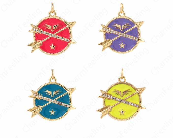Micropavé CZ Archery Sports Necklace, 18K Gold Filled Enamel Disc Pendant,Archery Necklace,Enamel Charm,DIY Jewelry Supplies,23.5x24.5x2.5mm