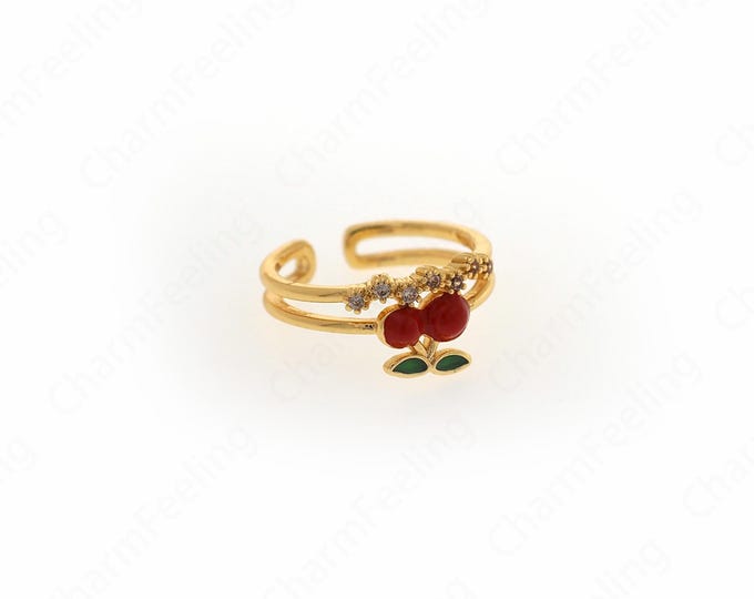 18K Gold Filled Strawberry Enamel Ring, Enamel Charm, Strawberry Charm, Enamel Multicolor Ring, Golden Open Ring,Adjustable Ring, Fruit Ring