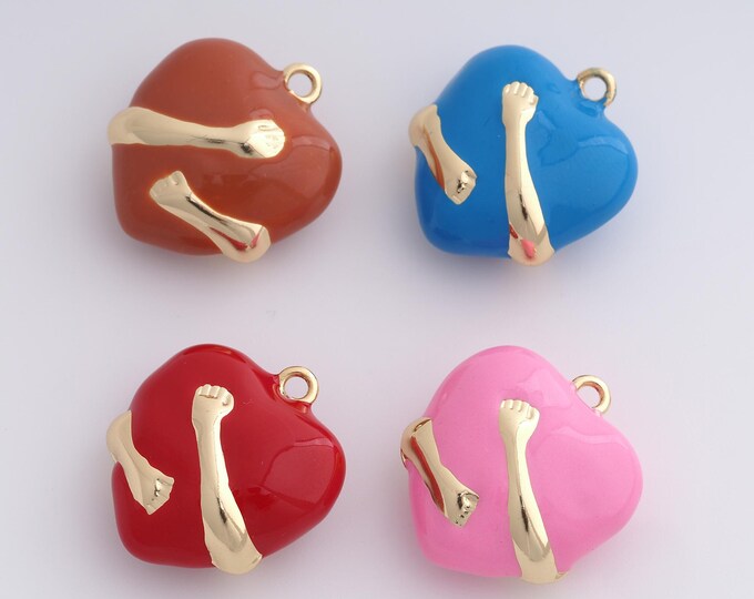 Enamel Heart Hand Charm, 18K Gold Filled Arm Pendant,Enamel Charm, DIY Jewelry Accessories, 23.3x20.8x10.4mm