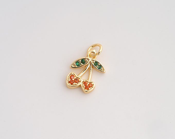 CZ Cherry Pendant,Fruit Pendant,18K Gold Filled Cherry Charm,DIY Jewelry Accessories,17x10.8x2mm