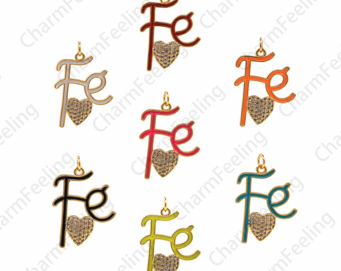 18K Gold Filled Fe Pendant, Enamel FE Necklace, Letter Word Charm, Micropavé CZ Word Necklace, DIY Jewelry Accessories 30x21x3mm