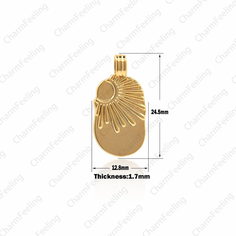 May include: Gold pendant with a sunburst design. The pendant is 1.7 inches tall and 1.28 inches wide. The pendant is 0.17 inches thick.