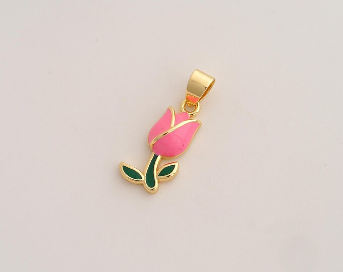 Enamel Tulip Pendant,Flower Pendant,18K Gold Filled Tulip Charm,DIY Jewelry Accessories,25.5x10x4.7mm
