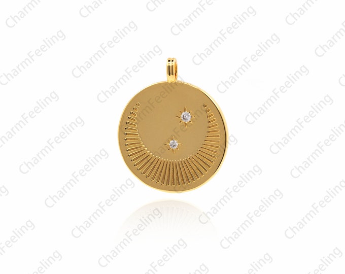 Round Moon North Star Coin Pendant，Star and Moon Pendant，CZ Micro Pave Necklace Pendant,Micro Pave Charms 26×21.5×1.5mm  1pcs