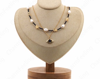 18K Gold Filled Spacer Bead Necklace, Micropavé CZ Freshwater Pearl Necklace, Dainty Eye Necklace, Gift For Her, Everyday Necklace,40cm