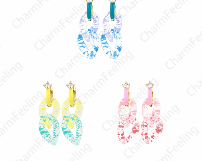 Enamel V-Shaped Earrings, Micropavé CZ Pierced Earrings, 18K Gold Filled Glass Earrings,Crystal Earrings,DIY Jewelry Supplies,44x16.5mm