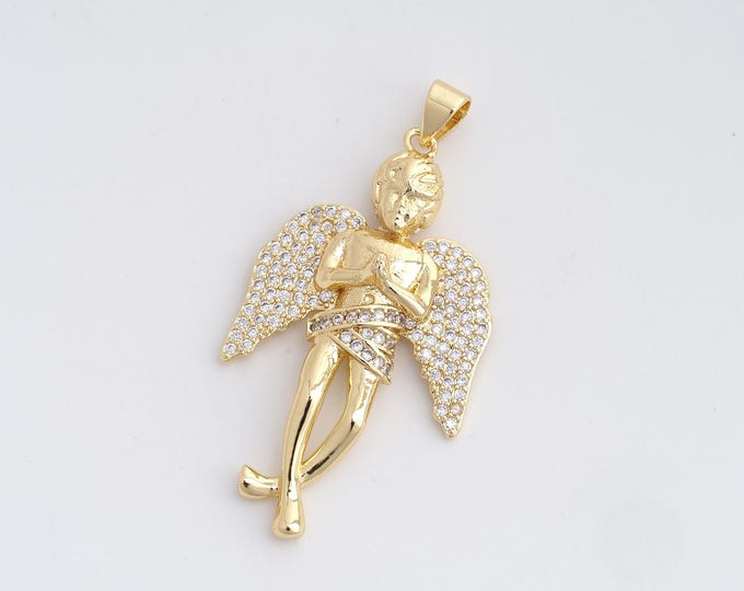 Angel Pendant, Heart Charm, 18K Gold Filled Angel Necklace, Cupid Charm, Cupid Necklace, DIY Jewelry Supplies, 43x22x6mm