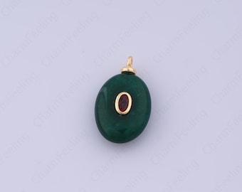 Natural Green Stone Charm,18K Gold Filled Oval Charm,Micropavé CZ Oval Pendant,DIY Jewelry Accessories,24.8x15x6.7mm