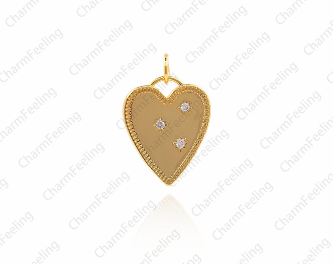 CZ North Star on Gold Heart， Star Heart Medallion，gold plated cz heart charms 22×14.5×1.5mm 1pcs