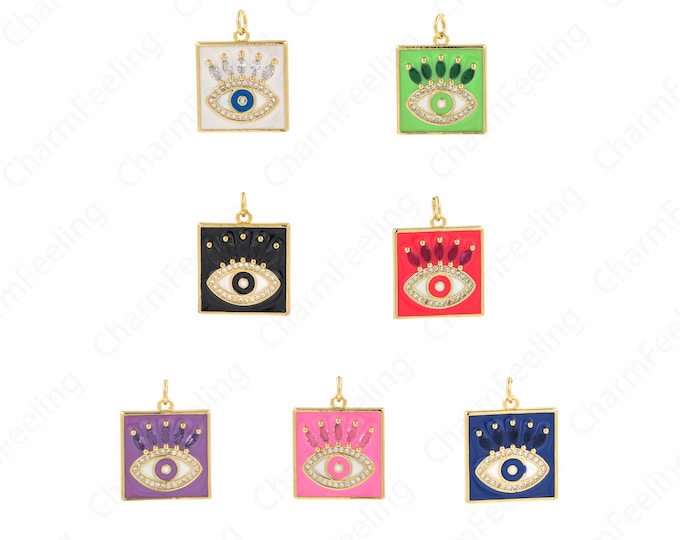 Enamel Eye Pendant Necklace,Micro Pave CZ  Rectangular Eye Pendant,Eye Tag, Square Eye Pendant, DIY Jewelry Making 24x18x2.5mm