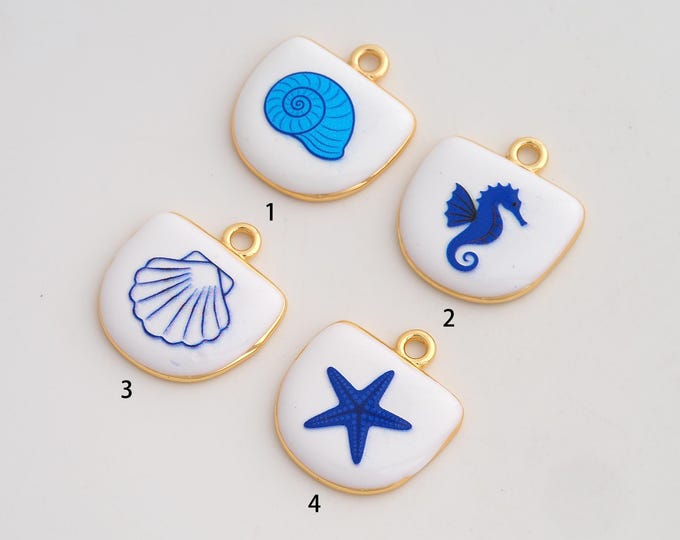 Shell Seahorse Pendant,Enamel Marine Life Pendant,18K Gold Filled Snail Shell Starfish Charm,DIY Jewelry Accessories,22.2x20.4x3.4mm