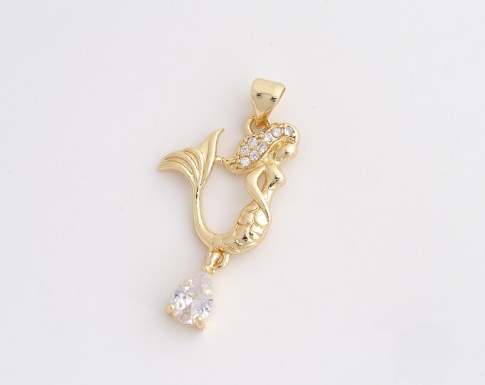 CZ Mermaid Pendant,Mermaid Pendant,18K Gold Filled Mermaid Charm,DIY Jewelry Accessories,33.8x11.5x3.7mm