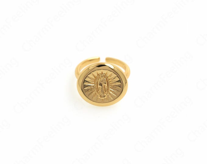 18K Gold Filled Virgin Mary Ring, Religious Ring, Religious Charm, Miracle Medal Ring, Gold Open Ring, Adjustable Ring, Stackable Ring
