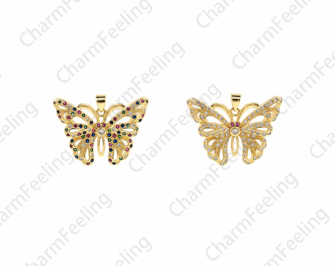 Micropaved CZ Butterfly Necklace,Butterfly Pendant,Butterfly Charm,18K Gold Filled Flying Charm,Insect Charm,DIY Jewelry Accessories,24x32x3