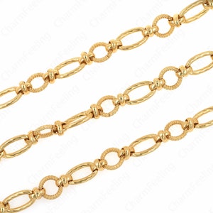 May include: Three gold chains with oval and round links. The chains are textured and have a polished finish.