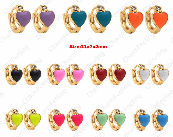 1 Pair, 18K Gold Filled Enamel Love Earrings, Enamel Earrings, Heart Earrings, Enamel Heart Earrings, Multi-Color Optional, 11x7x2mm